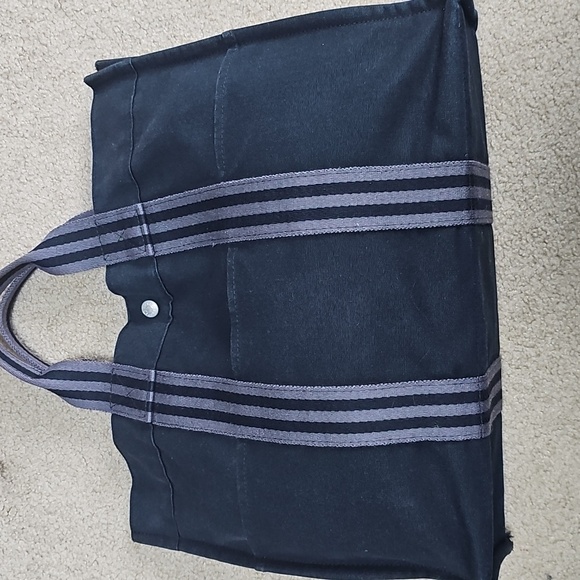 Hermes Black Canvas Tote Bag with Stripe Handles - Picture 2 of 7